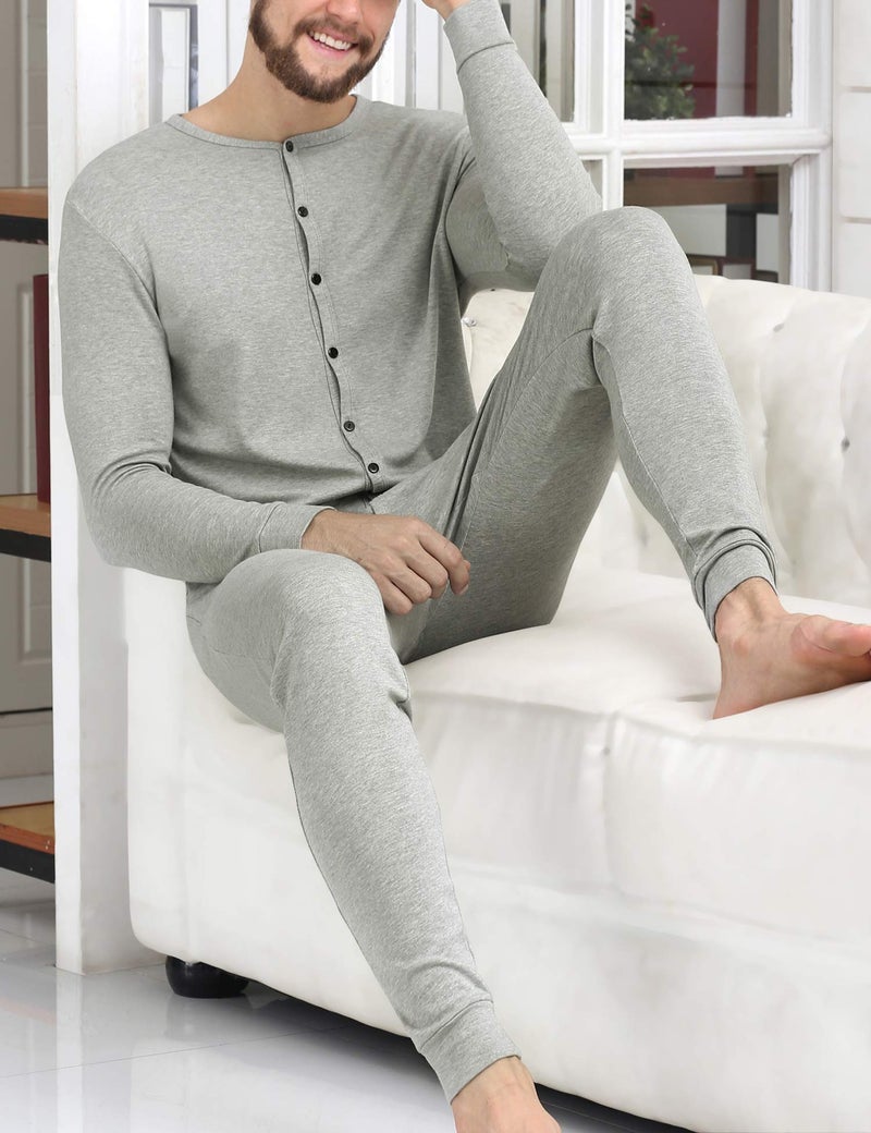 COLORFULLEAF Men's Cotton Thermal Underwear Union Suits Henley Onesies Base Layer (Grey, M) - Image 4